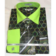 Circle Multi Pattern Black Green Cotton French Cuff Men'S Dress Shirt