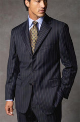 Joun Poul Side Vented Dark Navy Blue Suit For Men Pinstripe Super 140'S Available In 2 Or 3 Buttons Style Regular Classic Cut - 100% Percent Wool Fabric Suit - Worsted Wool Business Suit