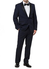 Men's Two Toned Peak Lapel Regular Fit Two Piece Dark Navy ~ Midnight Blue  Suit Black Lapel Free Black Pants