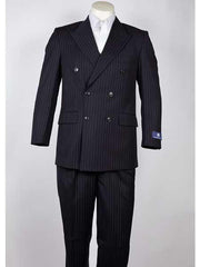 Men's Dark Navy Pinstripe 6 Button Slim Fit Peak Lapel Suit - Dark Blue Suit Color