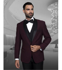 Men'S Burgundy ~ Wine ~ Maroon Color Shawl Collar Dinner Jacket Black Lapel 1 Button Blazer Sport Coat