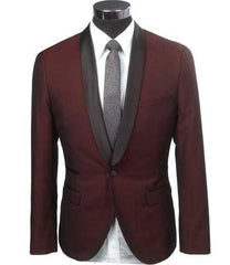 Cheap Priced Blazer Jacket For Men Online Slim Fit 1 Button Burgundy ~ Wine ~ Maroon Color Two Toned Black Lapel Satin Shawl Collar Dinner Jacket Looking! Burgundy Tuxedo