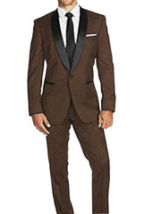 Authentic Braveman Men'S Slim Fit 1 Button Satin Shawl Lapel Dark Brown Tuxedo Suit Super 150'S Wool Jacket + Pants Vest