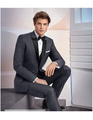 Men's1 Button Black Satin Peak Lapel Grey Suit