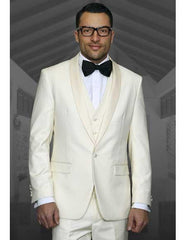 Champagne Suit 1 Button Ivory ~ Cream ~ Off White Tuxedo Shawl Lapel Suit Vested Wool Suit