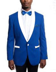 Men'S 1 Button Slim Fit Royal Blue And White Lapel Tuxedo Dress Suits For Men