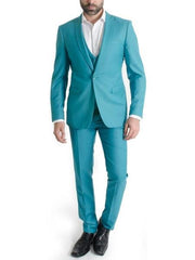 Men's Turquoise One Button Narrow Peak Lapel Spring Vested Slim Fitted 3 Piece Suit Turquoise - RET208-19