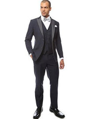 Men'S Peak Lapel Two Toned Tuxedo Vested Suit Dark Navy Blue Suit For Men