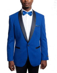 Men's Royal Blue Knitted Slim Fit Tuxedo Jacket with Black Shawl Lapel Button Closure Blazer