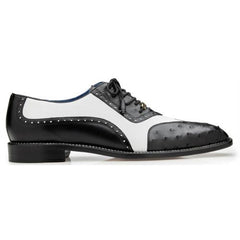 Men's Italian Leather Wingtip Dress Shoes, Genuine Ostrich, Black/White, Belvedere Sesto