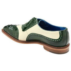 Men's Italian Leather Wingtip Dress Shoes, Genuine Ostrich, Forest Green/Cream, Belvedere Sesto