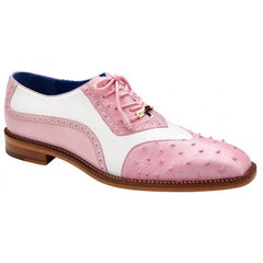 Belvedere Sesto Rose Pink / White Genuine Ostrich Quill  Italian Calf Wingtip Shoes