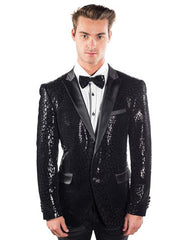 Sequin Blazer Mens Black 2 Buttons Sequined Reptilian Print Blazer Matching Bow Tie