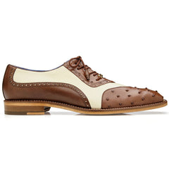 Men's Belvedere Sesto Italian Calf & Ostrich Quill Wingtip Dress Shoe in Brown & White