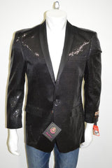 Satin Shiny Sequins One Button Blazer Shawl Collar 100% Polyester Black