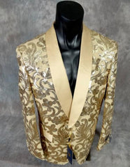 Men'S Shiny Sequin Fancy Floral Designed Gold Party Blazer