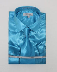 Mens Turquoise Dress Shirt FerSH1 Men's Shiny Luxurious Shirt turquoise ~ Light Blue Stage Party