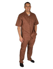 Men's Brown Short Sleeve Button Closure 100% Linen 2 Piece With Pleated Pant Shirt Walking Leisure Suit