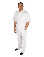 Men's Short Sleeve 100% Linen 2 Piece With Pleated Pant White Shirt  Walking Leisure Suit