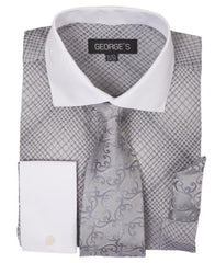 Silver Long Sleeve White Collar Two Toned Contrast Check Pattern Fashion Tie Set Men'S Dress Shirt