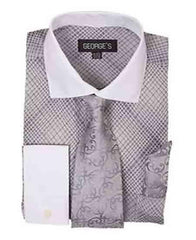 French Cuff Silver Mini Plaid/Checks White Collar Two Toned Contrast Shirt With Tie And Handkerchief Men'S Dress Shirt