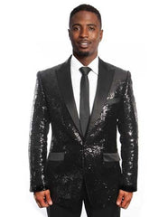 Sequin Blazer Mens Black/Black Lapel Sequin Tuxedo / Dinner Jacket Blazer Sport Coat