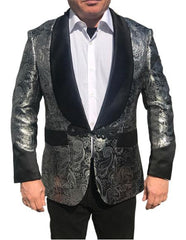 Alberto Nardoni Brand Mens's Shawl Collar Fancy Sharkskin Chinese Style Party Blazer in Silver Paisley