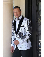 Men'S Fashion Paisley Print Tuxedo Sequin ~ Shiny ~ Flashy ~ Shark Skin White Blazer Dinner Jacket