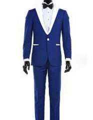 Men'S 1 Button Royal Blue And White Lapel Tuxedo Dress Suits For Men