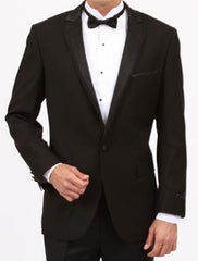 Men'S Black Tuxedo Flap Pocket Top Satin Trim Solid Center Vent