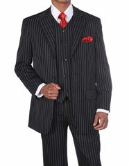 Men'S 1920'S 30'S Fashion Look Available In 2 Or Three ~ 3 Buttons Vested Pinstripe ~ Stripe 3 Piece Suit With Vest Bold Chalk Stripe Black/White