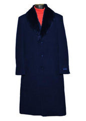 Men's Dress Coat Dark Blue Fur Collar Black 3 Button  Wool blend Full Length Overcoat