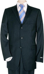 Men'S Comservative Dark Navy Pinstripe Super 140'S Virgin Double Vent Available In 2 Or 3 Buttons Style Regular Classic Cut