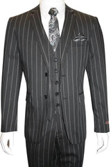 Men'S Bold Gangster 1920s Vintage Black And White Gangster Bold Stripe 2 Button Vested Suit