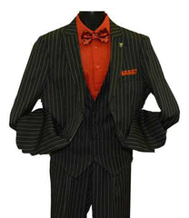 Men's Peak Lapel Striped Two Button  Vested Suit Black