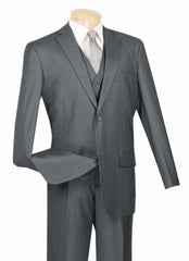 Men'S Grey 2 Button With Vest And Classic Pinstripe Suit