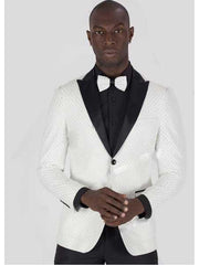 Men's White/Silver 2 Button Glitter Checkered Peak Lapel Jacket With Matching Bowtie