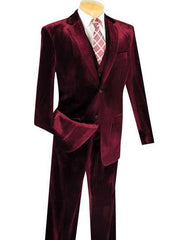 Men'S Wine Two Button Velvet Suit Vested Suits