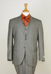 Mens Three Piece Suit - Vested Suit Mens Beige Checkered Fabric  3 Piece Slim Cut Suit