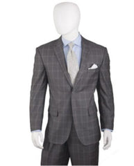 Men's Grey Two Buttons Plaid ~ Window Pane Cheap Priced Business Suits Clearance Sale Flat Front Pants Regular Cut