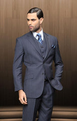 Men's 2 Button Vested 3 Piece Dark Navy Blue Suit For Men Windowpane Plaid Suit