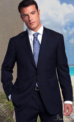 2 BUTTON COLOR DARK NAVY WITH PINSTRIPE Men's SUIT Side VENT BACK JACKET STYLE WITH 1 PLEATED PANTS