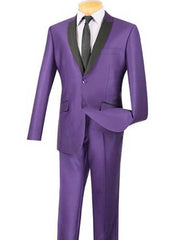 Men'S Slim Fit 2 Button Purple SharkskinTuxedo Style Suit