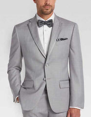 Men's Light Silver Gray Slim Fit Tuxedo Trimmed Lapel Suit 2 Buttons