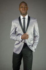 Men's  Silver Grey ~ Gray  Slim Fit Black Lapel Two toned Fashion For Men