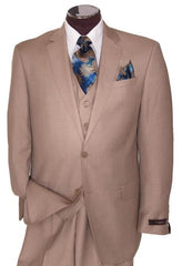 Men's 2 Button Tan ~ Beige Regular Basic Cut Flat Front Pants Three Piece Suit