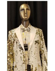 Men'S Fashion Shiny Sequin Paisley Blazer Sport Coat Tuxedo Jacket White ~ Gold