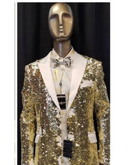 Men'S Fashion White ~ Gold Shiny Sequin Paisley Blazer Sport Coat Tuxedo Jacket