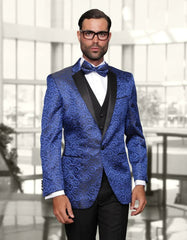 Blue Paisley Jacket Mens Swirl Paisley Prom Tuxedo in Royal Blue & Black