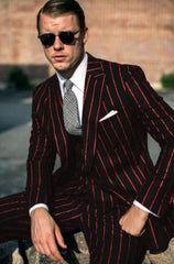 Men'S Two Black And Red Stripe 2 Buttons Bold Chalk Pinstripe ~ Stripe Peak Lapel Cheap Priced Business Suits Clearance Sale Vested 3 Piece Pleated Pants